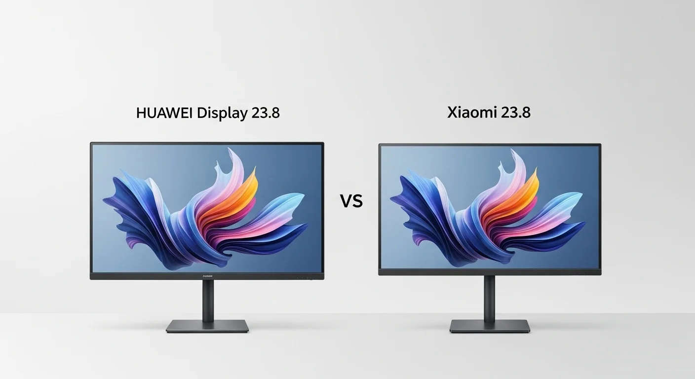 Comparativa lado a lado del monitor Huawei Display 23.8 y el monitor Xiaomi 23.8, destacando sus diseños de biseles delgados y calidad de imagen.