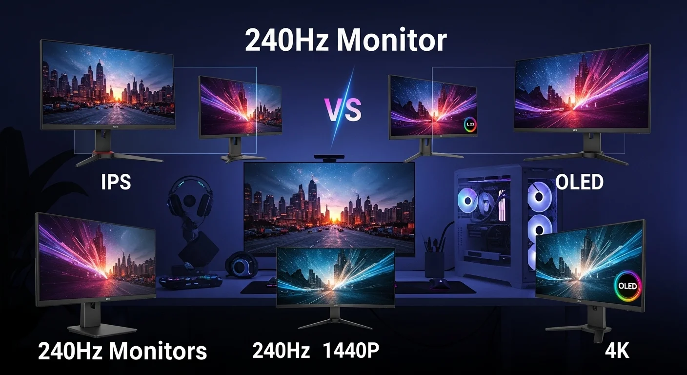 Una comparativa de diferentes monitores 240hz, mostrando las diferencias entre paneles IPS, VA y OLED, y resoluciones 1080p, 1440p y 4k.