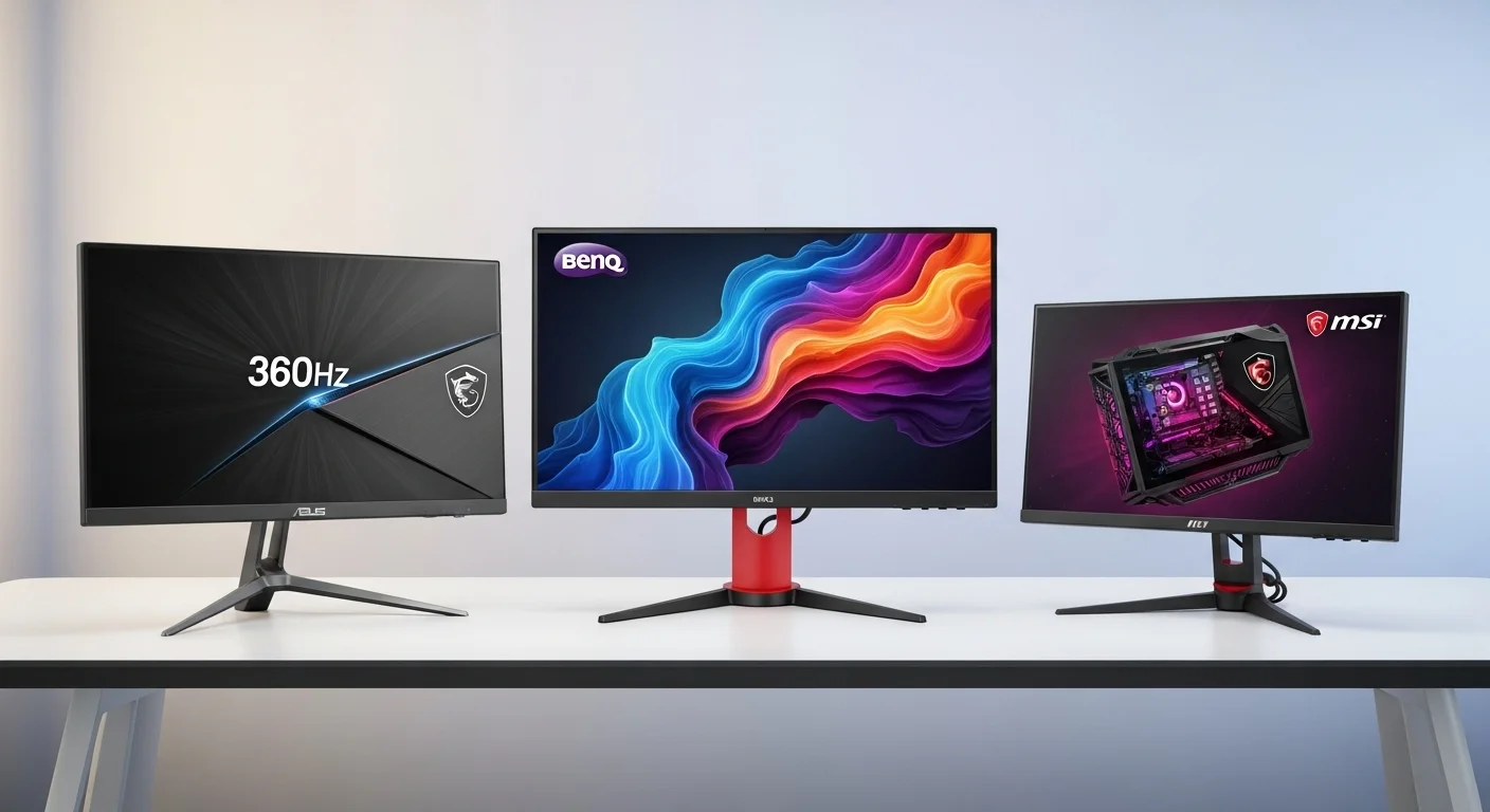 Tres monitores 360hz de las marcas ASUS, BenQ y MSI uno al lado del otro, mostrando sus diferencias de diseño y calidad de imagen en un escritorio de computadoras.