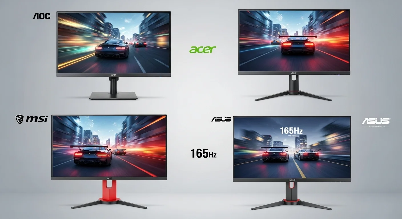 Una comparativa lado a lado de cuatro monitores de 165hz de las marcas AOC, Acer, MSI y Asus, mostrando la diferencia en diseño y calidad de imagen.