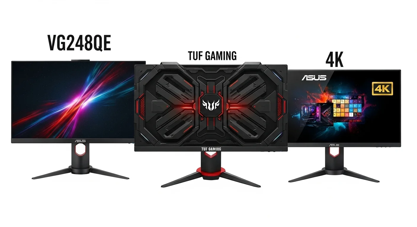 Comparativa de tres monitores Asus 144hz: un VG248QE, un TUF Gaming y un modelo 4K, destacando las diferencias en diseño y calidad de imagen.