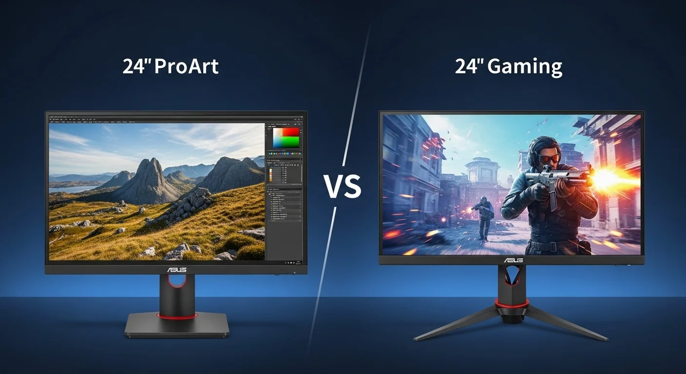 Comparativa lado a lado de un monitor Asus ProArt 24 mostrando una imagen con colores precisos y un monitor gaming Asus 24 con una escena de acción rápida.