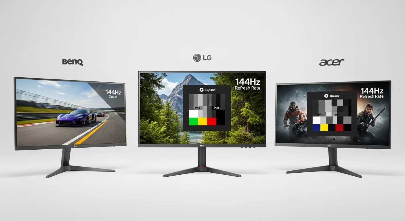 Comparativa de tres monitores de 144hz de las marcas BenQ, LG y Acer, mostrando diferentes tipos de imágenes para resaltar sus cualidades de color y velocidad.