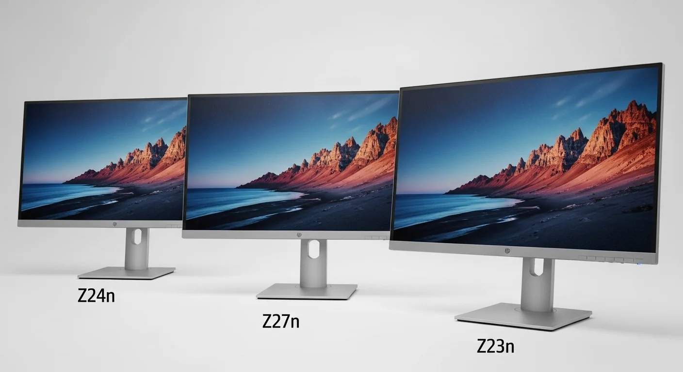 Fila de monitores HP Z G2 incluyendo los modelos z24n, z27n, y z23n, destacando sus delgados biseles y calidad de imagen.
