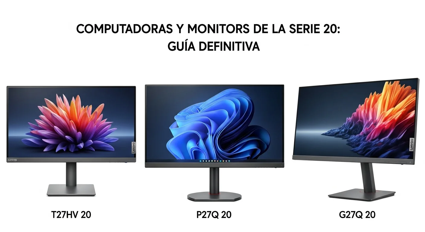 Comparativa lado a lado de los monitores Lenovo t27hv 20, p27q 20, y g27q 20 mostrando sus diseños y características distintivas.