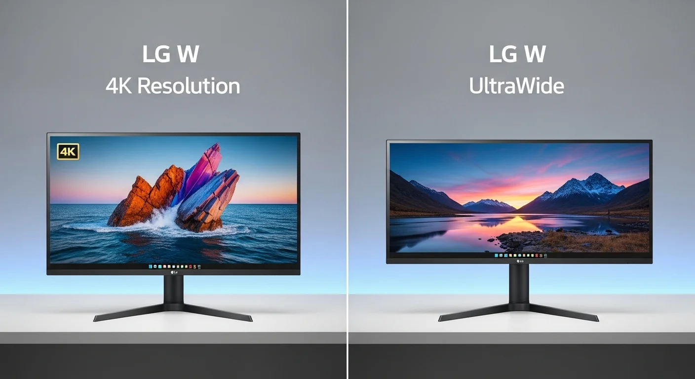 Comparativa lado a lado de monitores LG W, uno 4K y otro UltraWide, destacando las diferencias en resolución y formato de pantalla para diversas tareas.