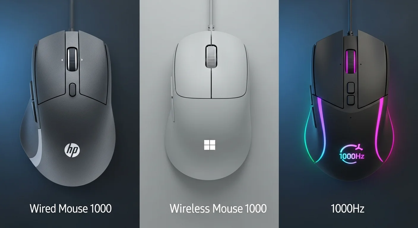 Comparativa lado a lado de un HP Wired Mouse 1000 y un Microsoft Wireless Mouse 1000 frente a un mouse gaming con iluminación RGB y especificación de 1000 Hz