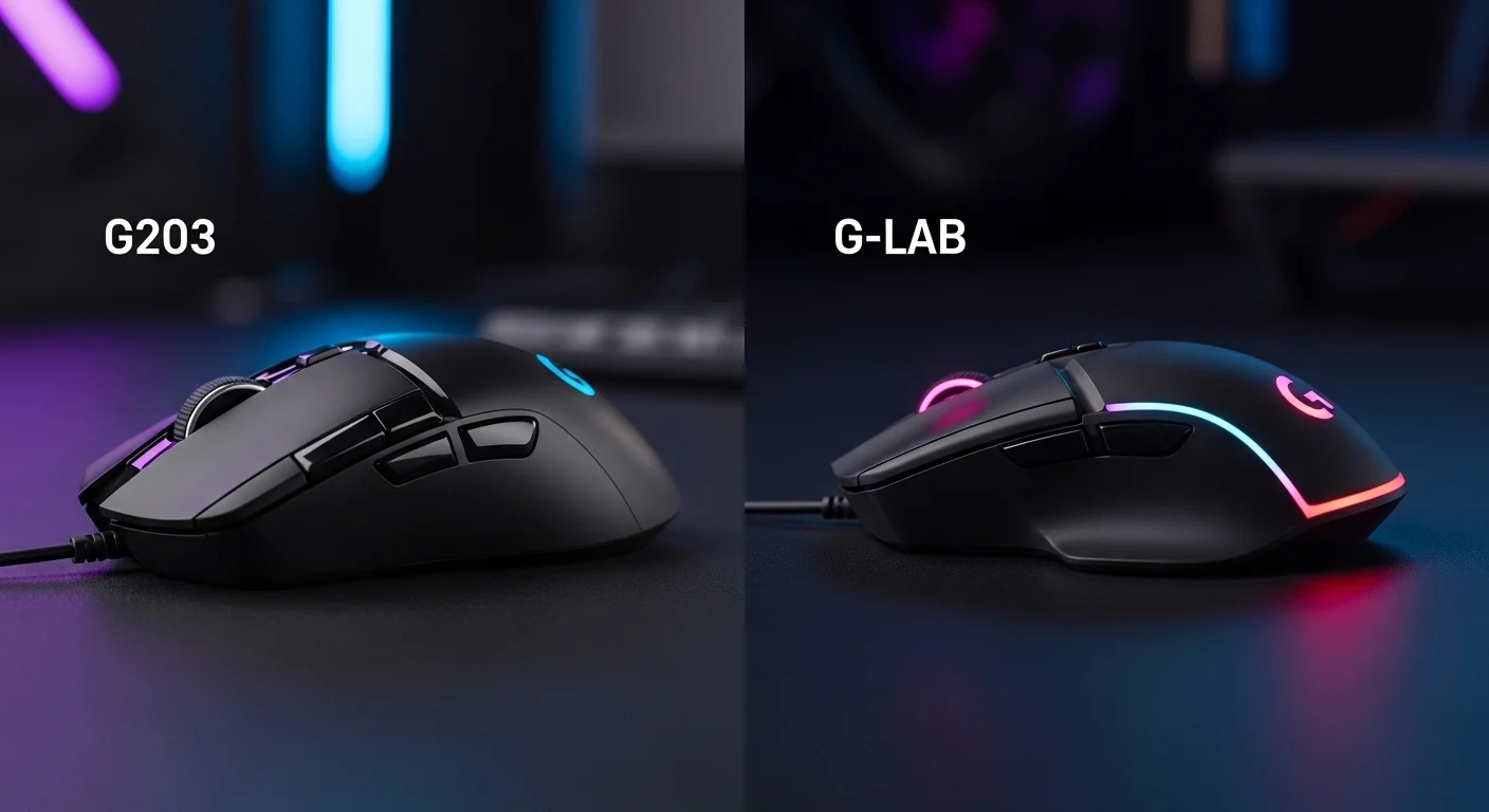 Comparativa lado a lado del mouse G 203 negro y un G-Lab mouse iluminado, destacando sus diferencias de diseño para uso en computadoras.