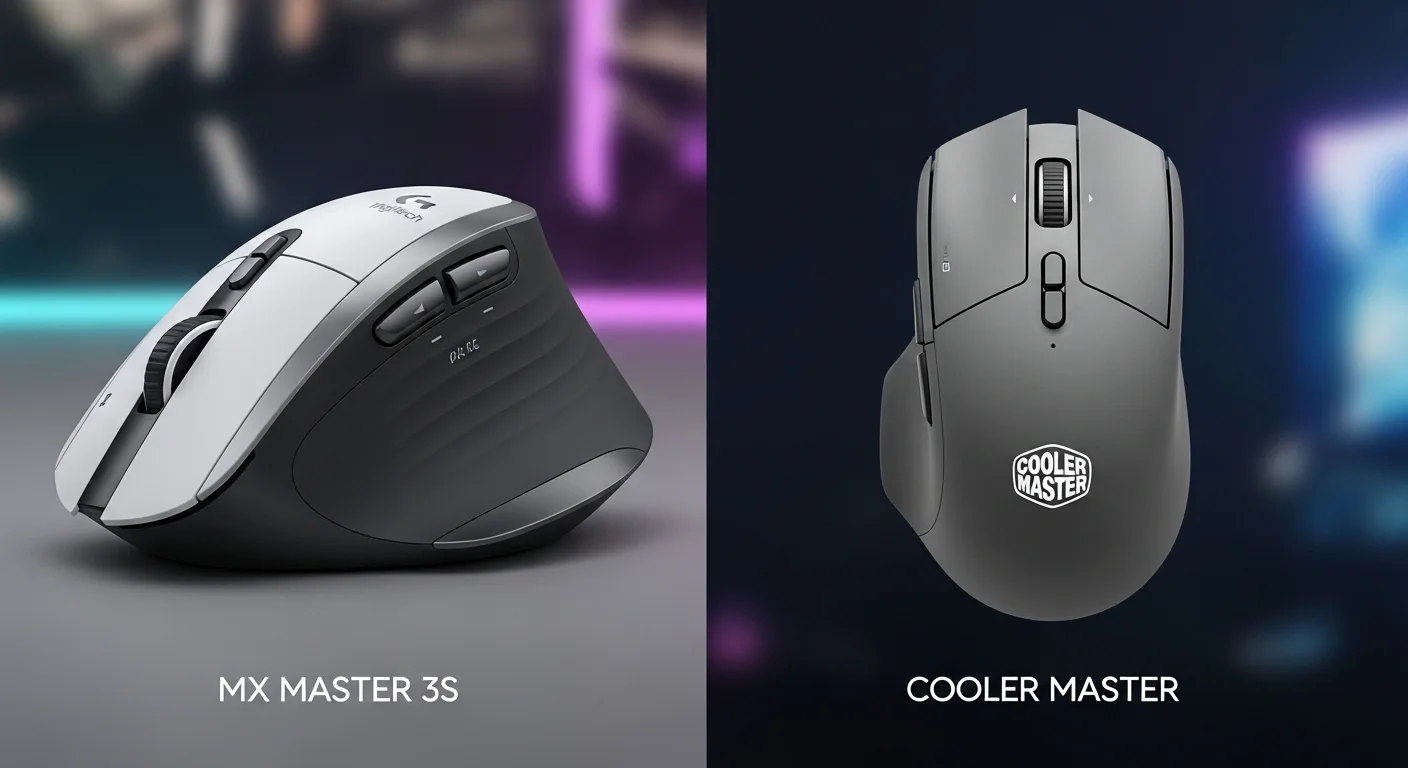 Una imagen comparativa mostrando el ergonómico mouse Logitech MX Master 3S junto a un ligero mouse Cooler Master para gaming, destacando las diferencias para usuarios de computadoras.