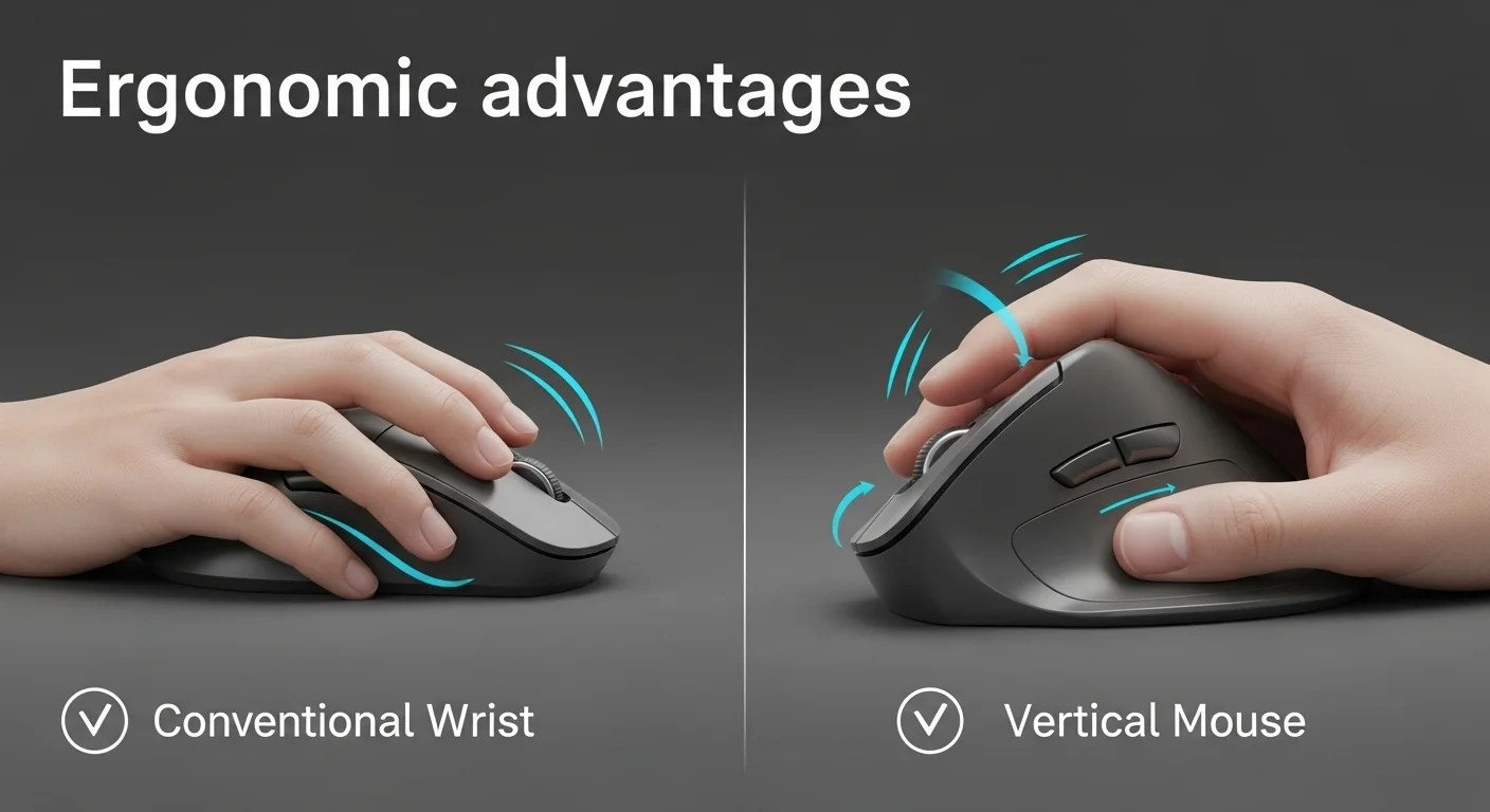 Comparativa visual entre un mouse vertical y un mouse tradicional, mostrando la diferencia en la torsión de la muñeca del usuario en una computadora.