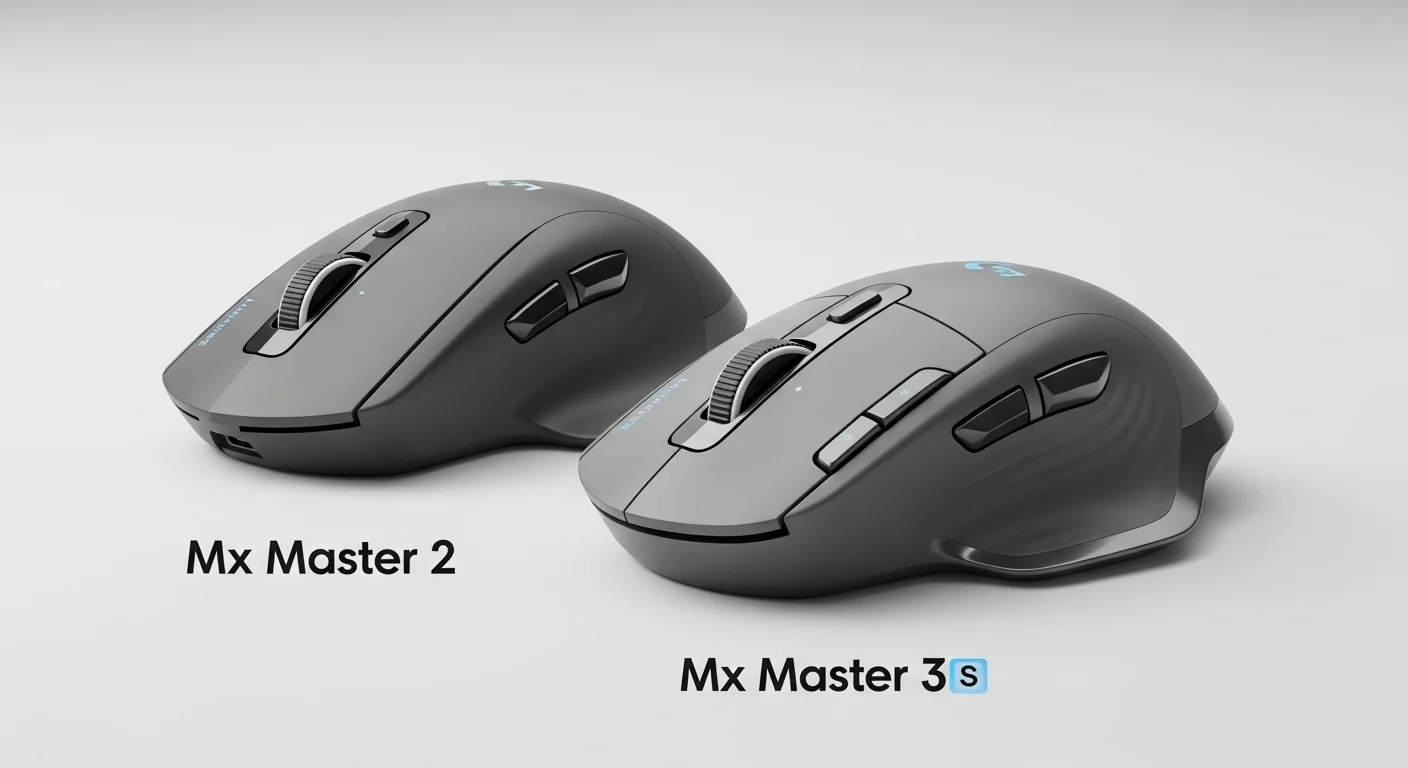 Comparativa lado a lado del diseño ergonómico del Logitech Mx Master 2 y el Mx Master 3S, mostrando la evolución de la serie.