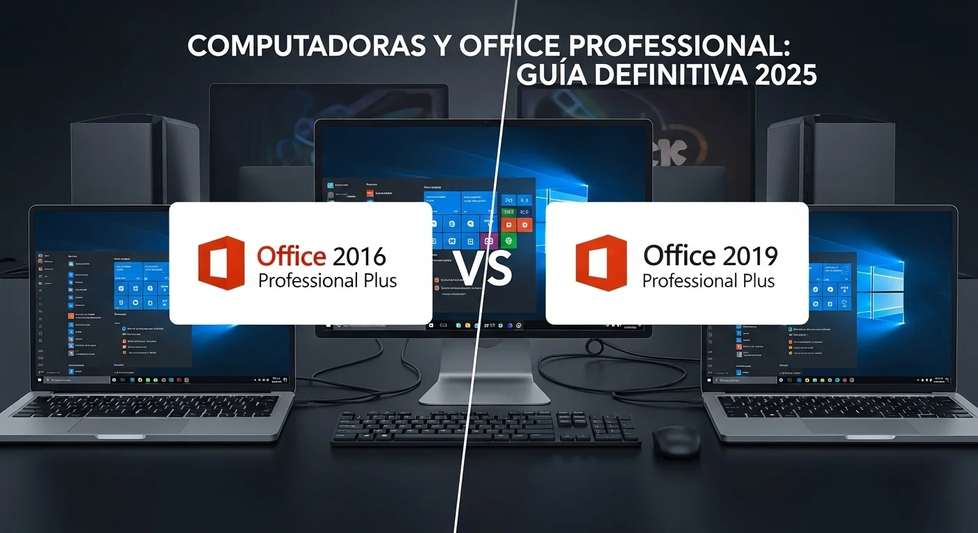 Una imagen dividida que muestra el logotipo y la interfaz de Microsoft Office 2016 Professional Plus en un lado y los de Microsoft Office 2019 Professional Plus en el otro, sobre un fondo de computadoras y laptops.