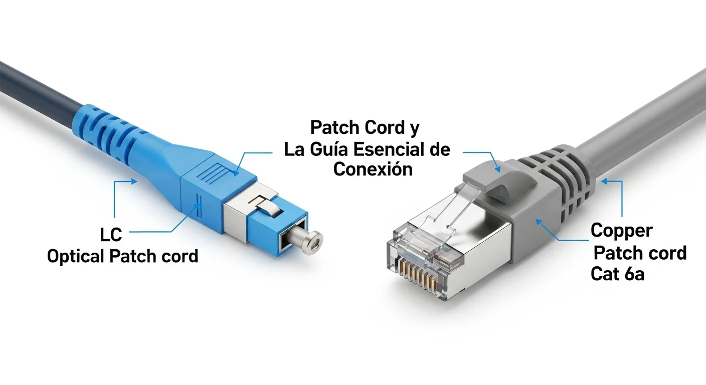 Comparación visual de un patch cord de fibra óptica con conector LC y un cable patch cord de cobre Cat 6a con conector RJ45, mostrando la diferencia tecnológica.