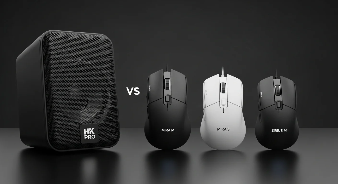 Una imagen comparativa que muestra una bocina hk pro junto a los ratones hk gaming mira m, mira s y sirius m, destacando la variedad de la oferta.