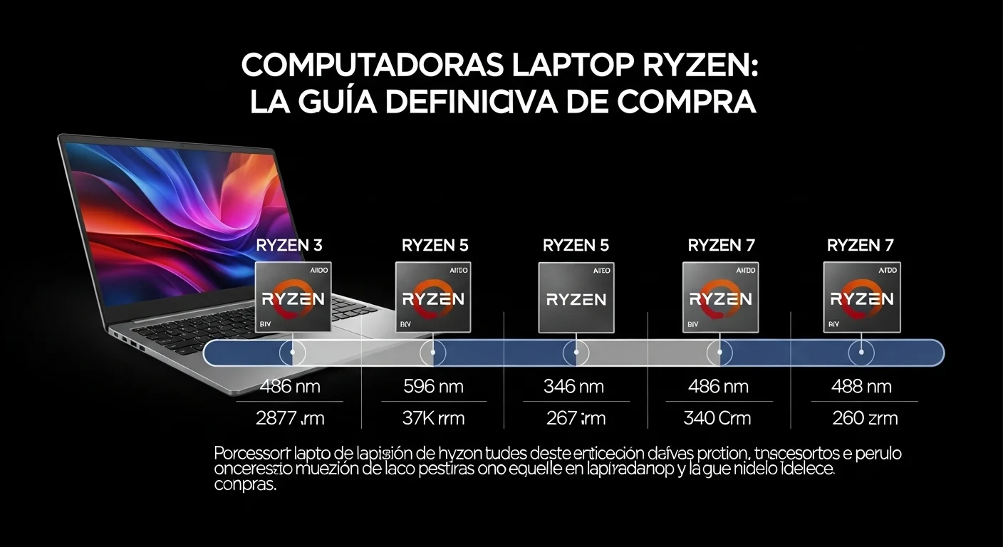 Gráfico comparativo de los procesadores laptop Ryzen 3, Ryzen 5 y Ryzen 7, mostrando sus diferencias en rendimiento y casos de uso.