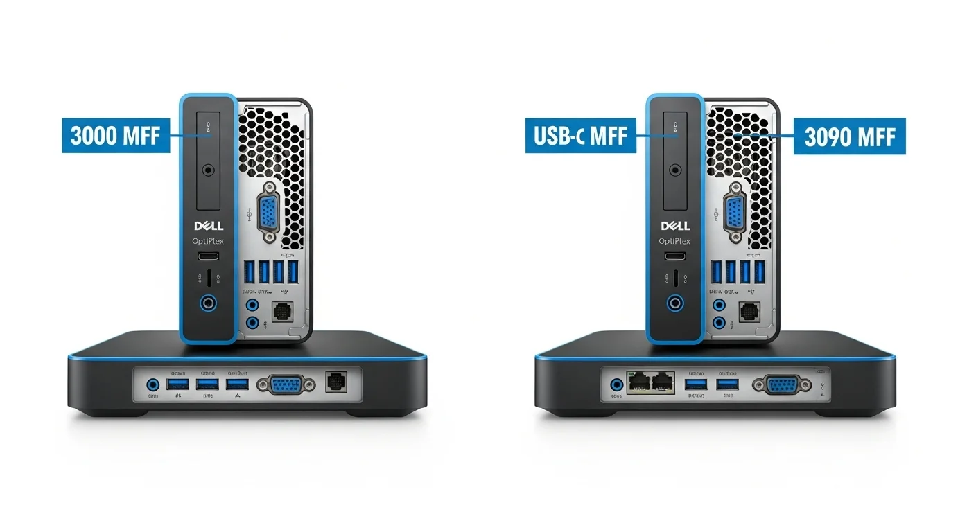 Vista comparativa de los puertos frontales y traseros de las computadoras MFF Dell OptiPlex, destacando la conectividad robusta de los modelos 3000 MFF y 3090 MFF.