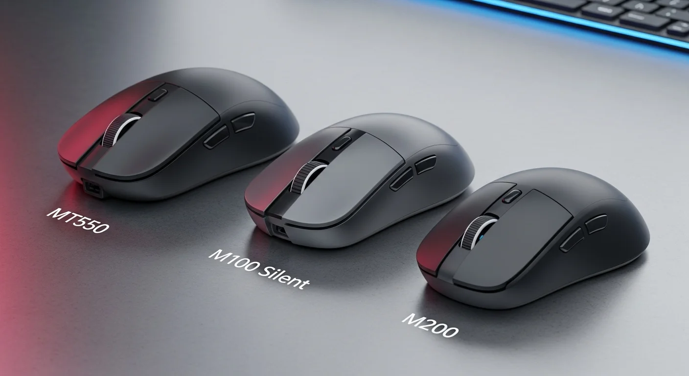 Una comparativa visual de los ratones Rapoo MT550, M100 Silent y M200, mostrando sus diferentes diseños y tamaños sobre un fondo tecnológico.