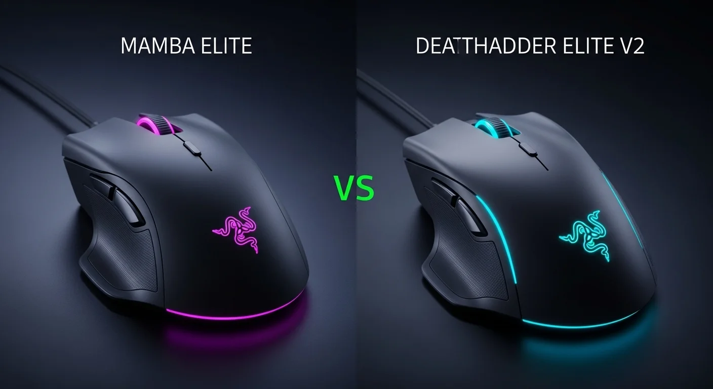 Comparativa lado a lado de los mouses Razer Mamba Elite y Razer DeathAdder Elite V2, mostrando sus diferencias ergonómicas y de iluminación.