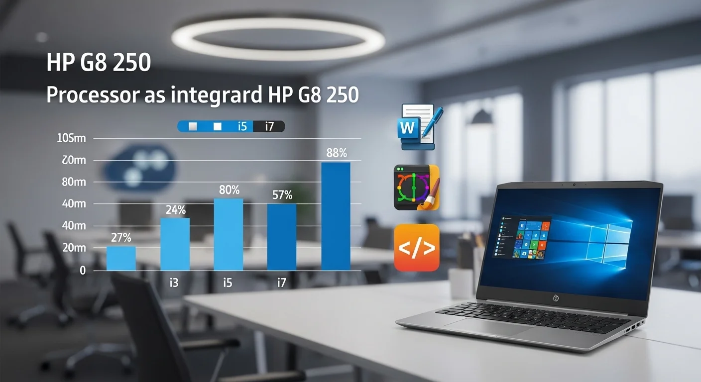Gráfico comparativo mostrando el rendimiento de los procesadores i3, i5 e i7 disponibles en las computadoras HP G8 250, con iconos que representan tareas como ofimática, diseño y programación.