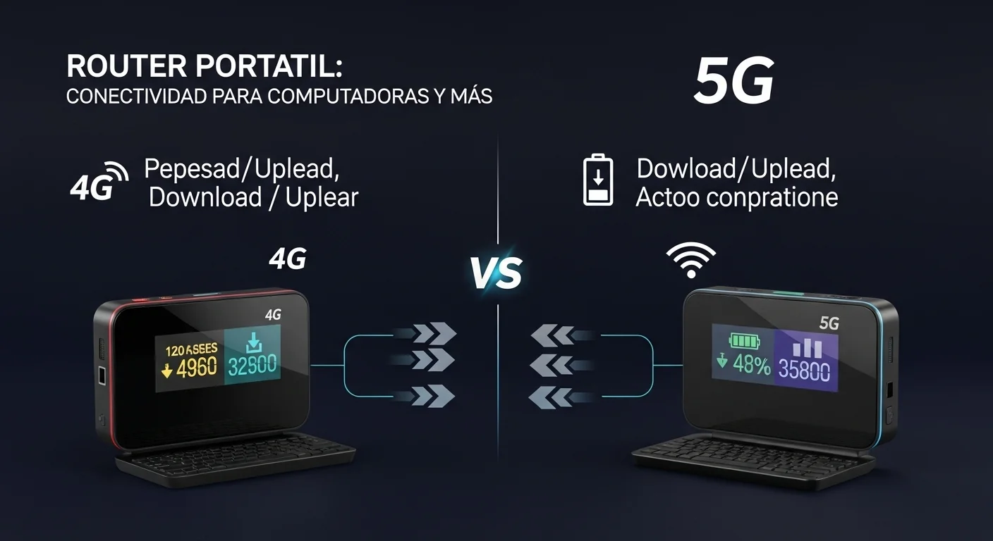 Infografía comparando las características y velocidades de un router 4g portatil y un router 5g portatil, con iconos de velocidad y batería.