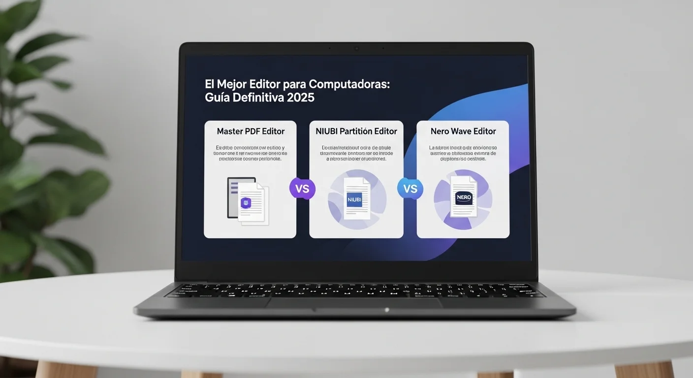 Una infografía comparando las características de Master PDF Editor, NIUBI Partition Editor y Nero Wave Editor en una computadora portátil.
