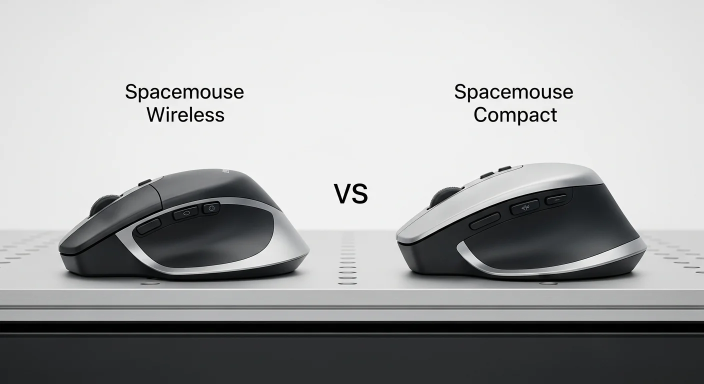 Comparativa lado a lado del Spacemouse Wireless y el Spacemouse Compact sobre una mesa de trabajo de ingeniería