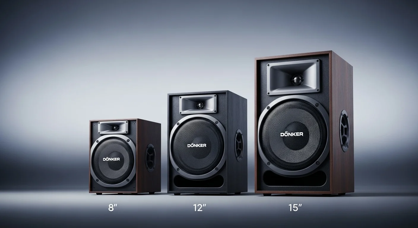 Comparativa de los diferentes tamaños de la bocina Donker, incluyendo los modelos de 8, 12 y 15 pulgadas.