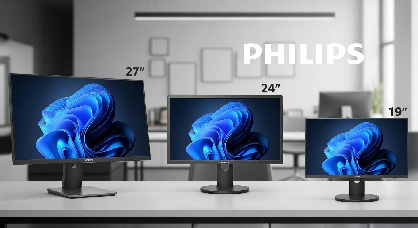Una comparativa lado a lado de varios tamaños de monitor Philips, incluyendo 27, 24 y 19 pulgadas, para ilustrar las diferentes escalas y usos en un entorno de computadoras.