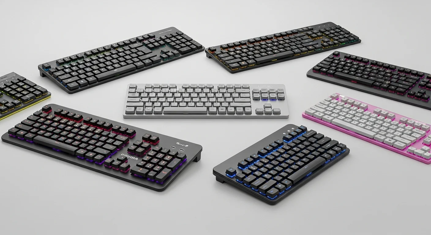 Colección de teclados inalámbricos de diferentes marcas y colores sobre un fondo neutro, mostrando la diversidad de opciones para computadoras