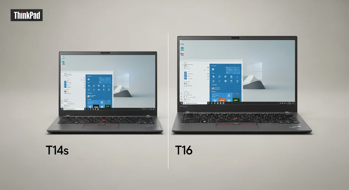 Comparativa lado a lado de una laptop delgada ThinkPad T14s Gen 1 y una más grande ThinkPad T16 Gen 1, destacando las diferencias en tamaño y diseño.