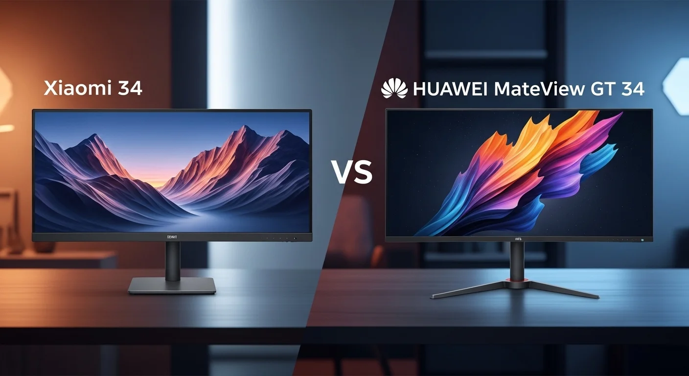 Comparativa lado a lado del monitor Xiaomi 34 y el Huawei MateView GT 34, destacando sus diseños y características.