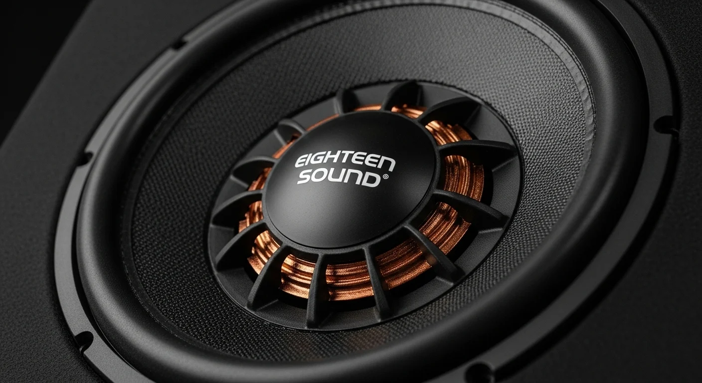 Primer plano de un imponente componente de bocina eighteen sound 18, un transductor de subwoofer profesional que simboliza la potencia y la alta fidelidad en el audio.