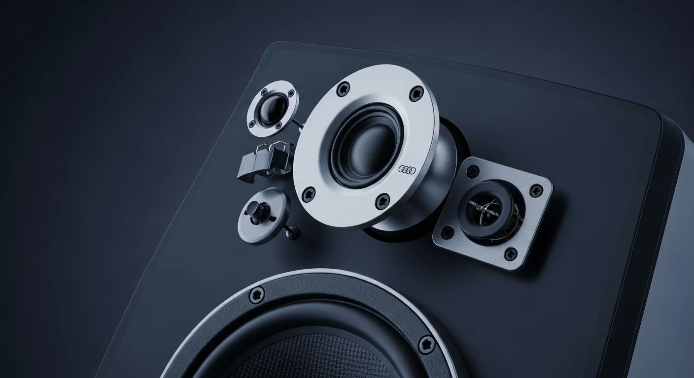 Primer plano de los componentes de una bocina, mostrando el tweeter y el woofer, simbolizando la tecnología detrás del audio de alta fidelidad