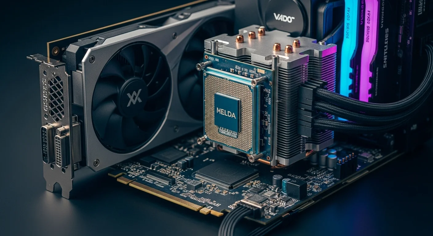 Close-up de componentes de una computadora de alto rendimiento, como la tarjeta gráfica y el procesador, que demandan una alimentación eléctrica considerable.