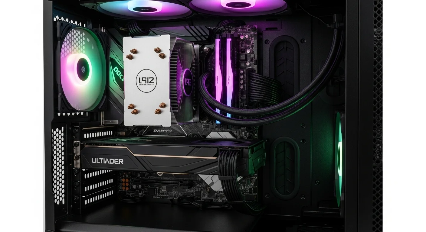 Componentes internos de una computadora Ultimate, mostrando CPU, GPU y RAM de alto rendimiento