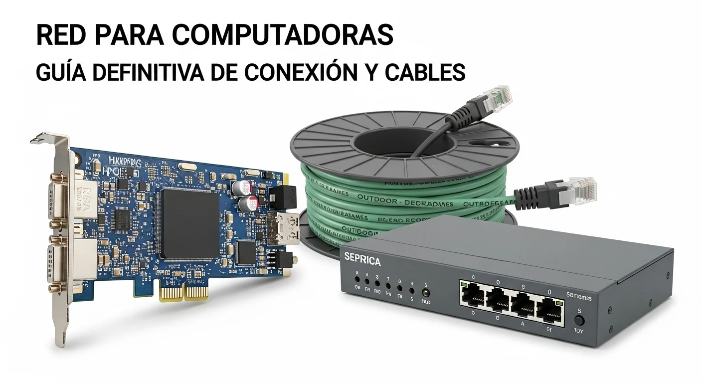 Primer plano de componentes de red: una tarjeta de red para pc, un rollo de cable de red para exterior y un switch ethernet.