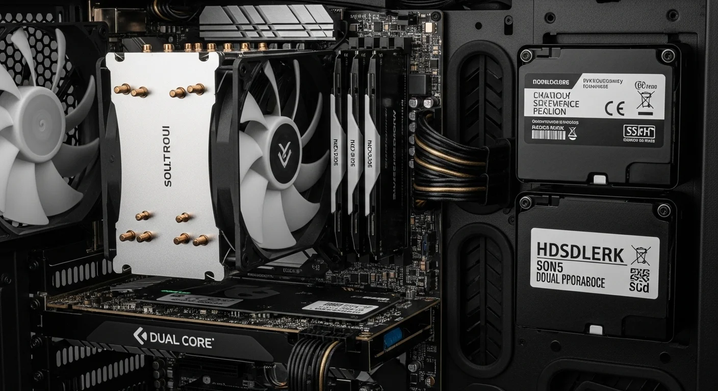 Primer plano de los componentes internos de una PC, mostrando un procesador dual core, módulos de memoria RAM en configuración dual-channel y un setup de almacenamiento dual SSD y HDD.