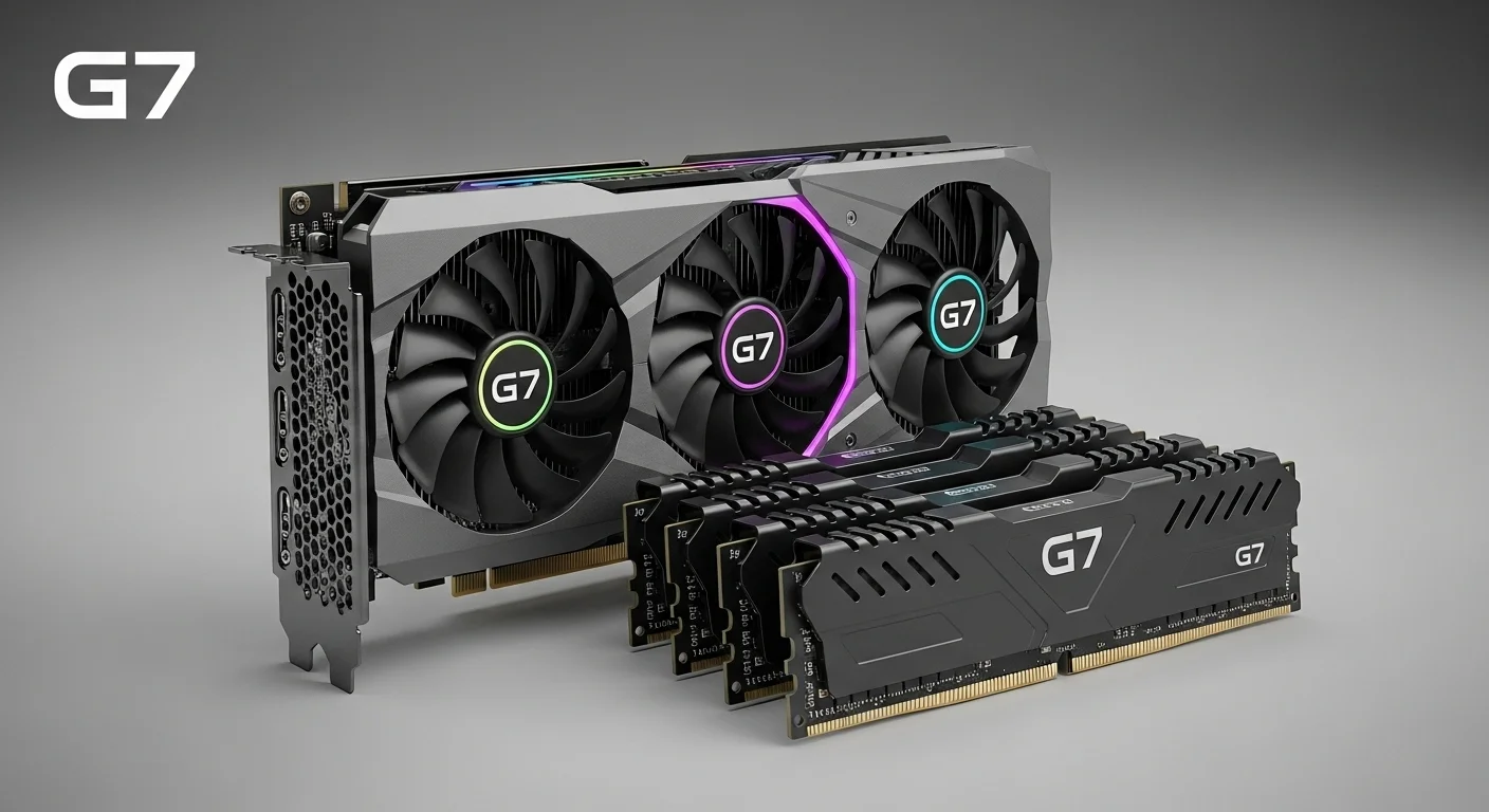Primer plano de componentes de computadora de élite, incluyendo una tarjeta gráfica potente y módulos de memoria RAM, representando el nivel G7 de la tecnología.