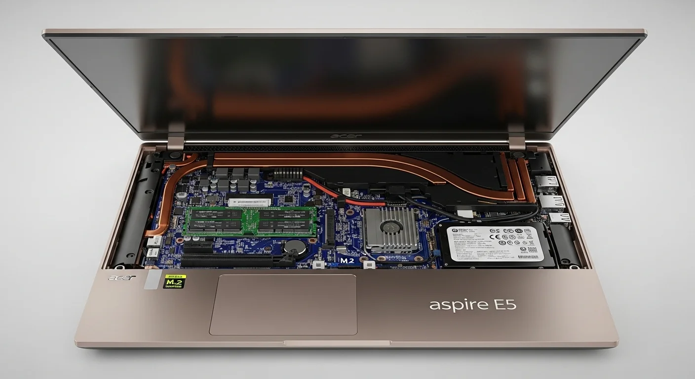 Vista interna de una computadora Acer Aspire E5 mostrando las ranuras de memoria RAM, el disco duro y la ranura M.2 de expansión