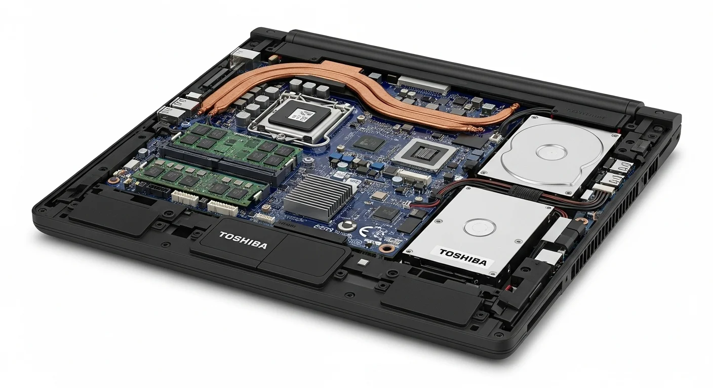 Vista interna de una notebook Toshiba Satellite mostrando la placa base, RAM y disco duro para su análisis técnico