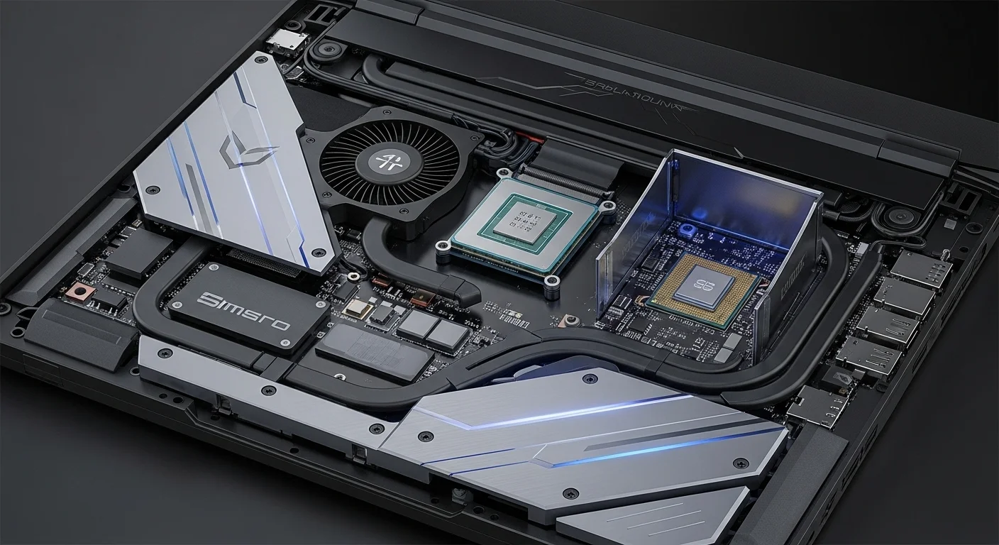 Vista detallada de los componentes internos de una pc gamer laptop, mostrando el sistema de refrigeración y el hardware.