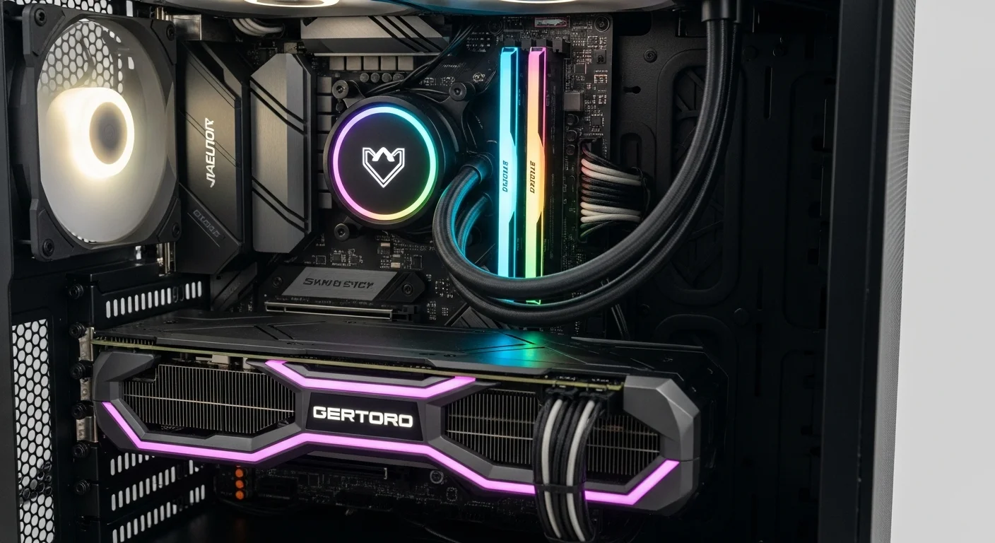 Vista detallada de los componentes internos de una pc para gamer, mostrando la tarjeta gráfica y la refrigeración líquida.