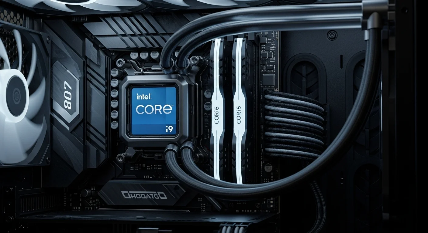 Vista de cerca de los componentes internos de un pc intel core i9, mostrando el procesador, la memoria RAM y el sistema de refrigeración líquida.