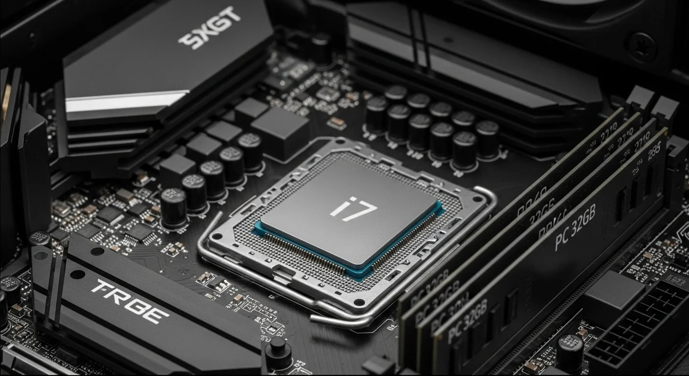 Primer plano de los componentes internos de una computadora, destacando los módulos de Pc 32gb RAM y un procesador i7 en la placa base.