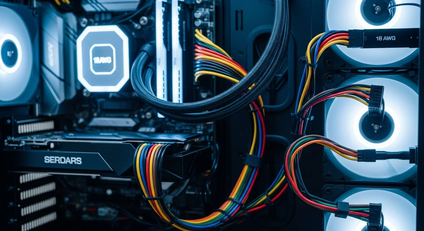 Interior de una computadora con gestión de cables coloridos, destacando el uso de cable 18 AWG para la conexión de componentes.