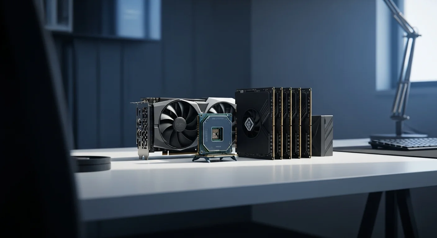 Componentes de computadoras para gaming como tarjeta gráfica, procesador y RAM, dispuestos sobre una mesa de trabajo