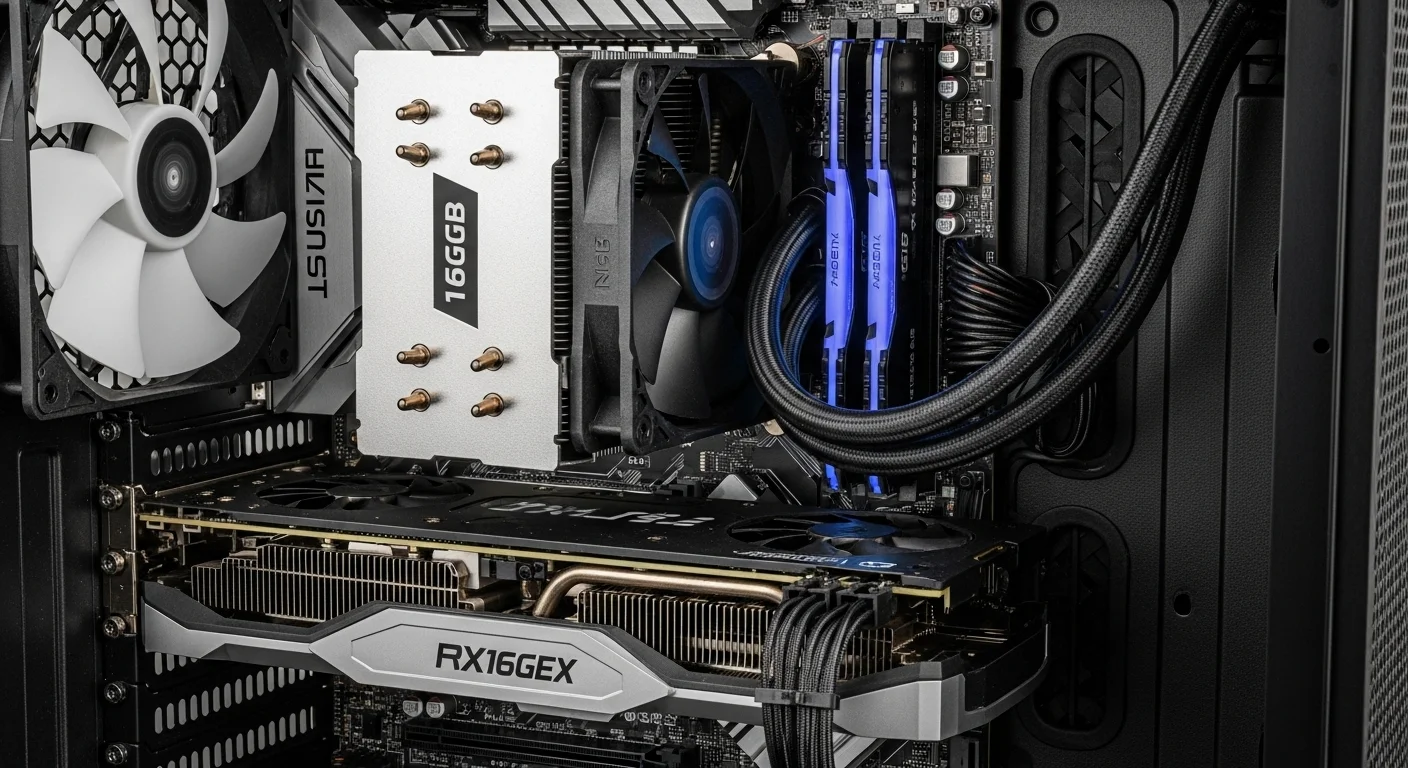 Vista detallada de los componentes internos de un pc gaming 16gb ram, mostrando la tarjeta gráfica, el disipador de la CPU y los módulos de RAM.