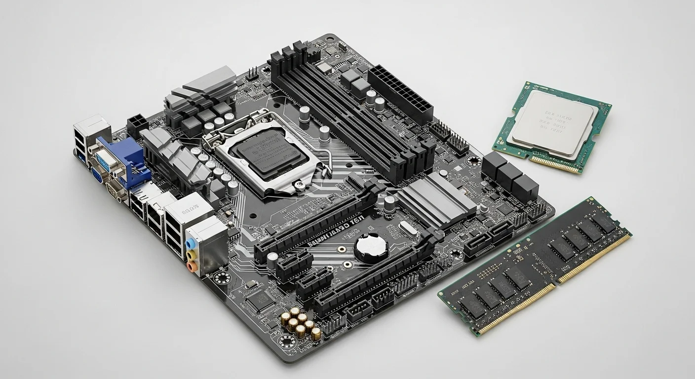 Componentes de una PC informática, incluyendo placa base, CPU y RAM, listos para ser ensamblados por un experto informático.