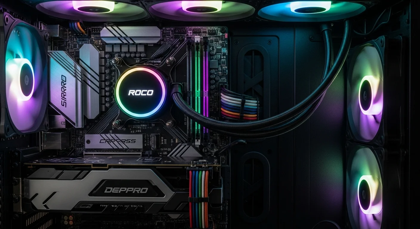 Imagen detallada de los componentes internos de una computadora: placa base, CPU, GPU y RAM, elementos clave que definen el Pc Precio.