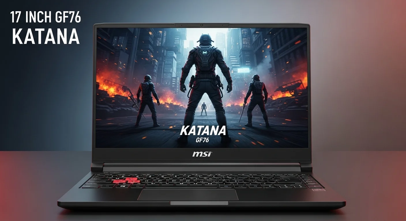 Close-up de la pantalla de 17 pulgadas de la computadora MSI Katana GF76 mostrando un videojuego de alta definición.